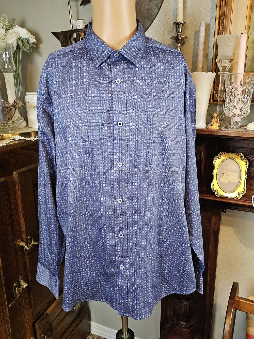 Johnston & Murphy Floral Dot Print Blue Button Down Shirt XL NWT 100% Cotton